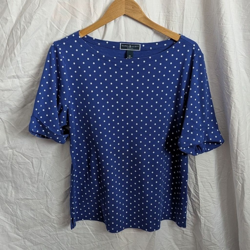Royal Blue & White Polka Dot Dot Cuffed Sleeve Sz 0X Retro Mod Office Nautical